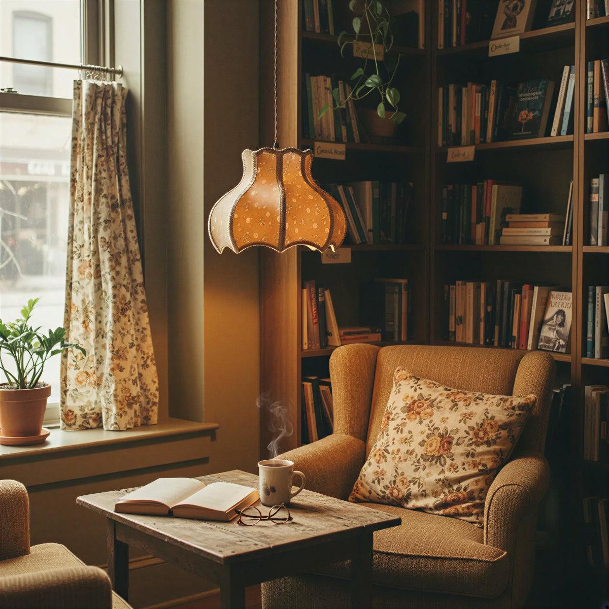 Vintage Pendant Ceiling Light For Living Room With Traditional Patterned Scalloped Shade