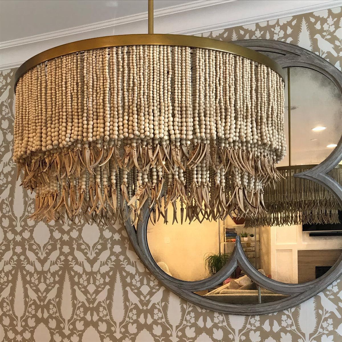 Wooden Boho Bead Chandelier Light Featuring Concentric Design